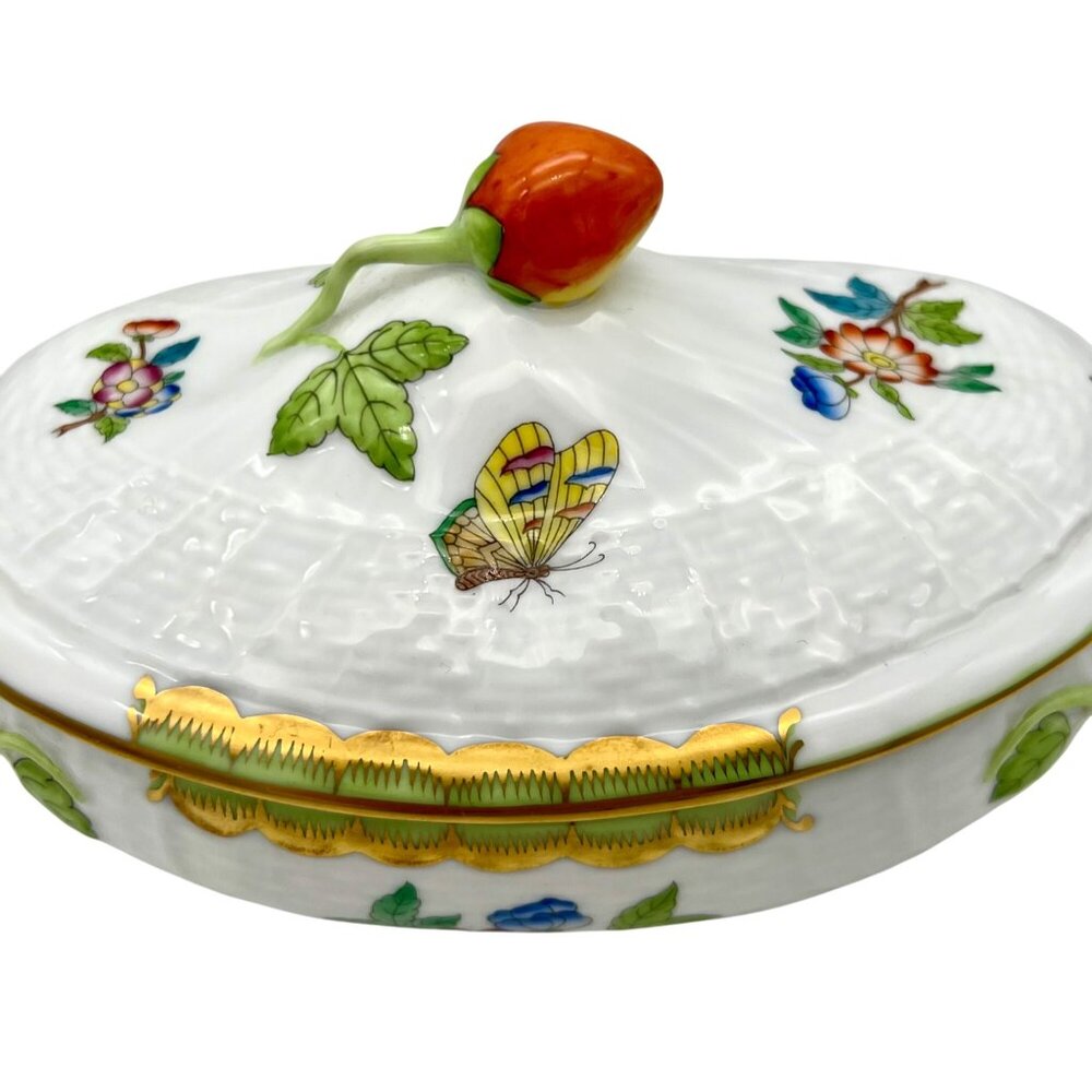 Herend Queen Victoria VBA Sugar Basin Candy Bon Bon Covered Dish Green Border - Picture 12 of 16